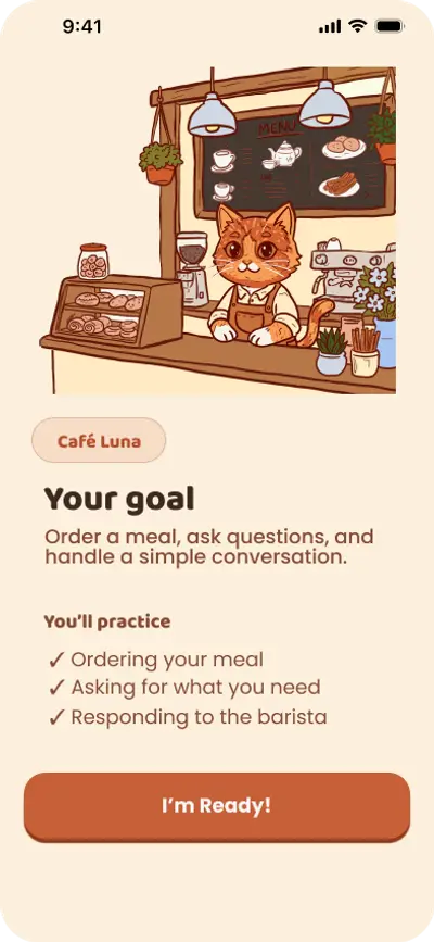 ARC mission preview for Café Luna: an illustrated cat barista, the goal of ordering a meal in Spanish, and the three skills you will practice