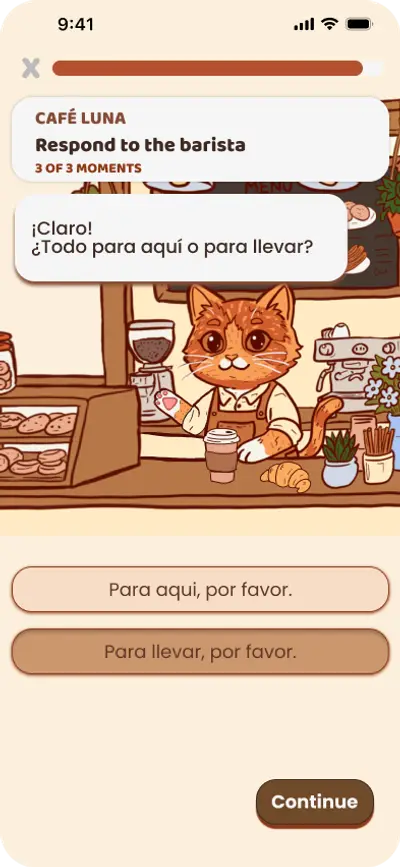 ARC roleplay in Café Luna where the cat barista asks in Spanish whether the order is for here or to go, with two reply choices