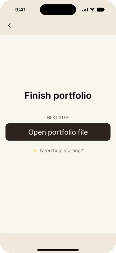 Flowstate focus screen showing a single task, Finish portfolio, with one next step button: Open portfolio file
