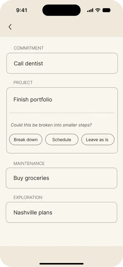 Flowstate orientation screen sorting a to-do list into commitment, project, maintenance and exploration, and offering to break Finish portfolio into smaller steps